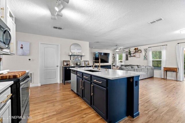 4328 Packer Meadow Way, Middleburg, FL 32068 - kitchen featuring blue cabinetry, a sink, appliances with stainless steel finishes, light countertops, and light wood-style floors