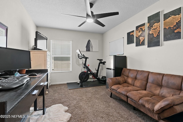4328 Packer Meadow Way, Middleburg, FL 32068 - living room with carpet, a ceiling fan, healthy amount of natural light, a textured ceiling, and baseboards