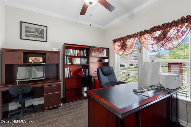 office area featuring wood tiled floors, ornamental molding, and ceiling fan