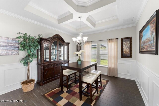 dining room with coffered ceiling, a chandelier, dark wood-type flooring, beamed ceiling, and crown molding