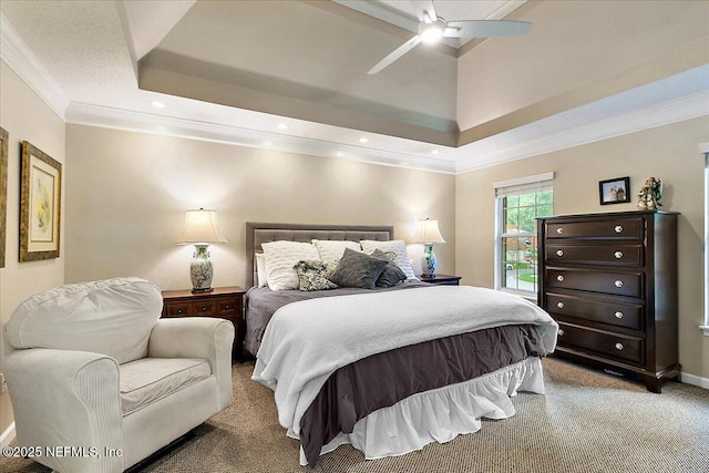 11921 Loretto Square Dr S, Jacksonville, FL 32223 - carpeted bedroom with a tray ceiling, crown molding, a ceiling fan, baseboards, and recessed lighting