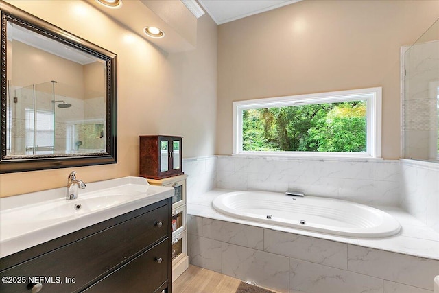 11921 Loretto Square Dr S, Jacksonville, FL 32223 - bathroom featuring a shower stall, a garden tub, vanity, and wood finished floors