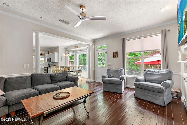 11921 Loretto Square Dr S, Jacksonville, FL 32223 - living area with a ceiling fan, ornamental molding, wood finished floors, ornate columns, and a textured ceiling