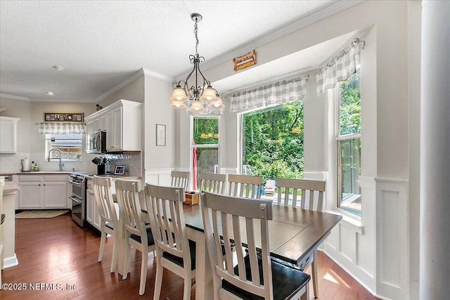 11921 Loretto Square Dr S, Jacksonville, FL 32223 - dining room featuring a chandelier, dark wood-style flooring, plenty of natural light, crown molding, and wainscoting