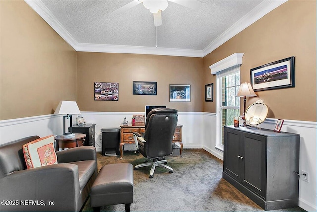 11921 Loretto Square Dr S, Jacksonville, FL 32223 - office space with a textured ceiling, ornamental molding, a ceiling fan, carpet floors, and a wainscoted wall