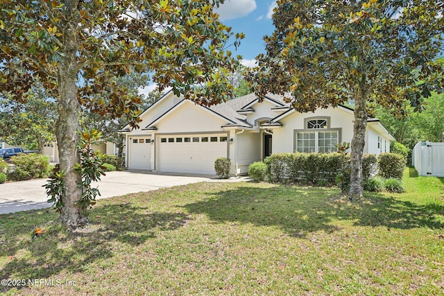 1009 Welaka Way, Saint Augustine, FL 32092 - ranch-style home with driveway, an attached garage, a front lawn, and stucco siding