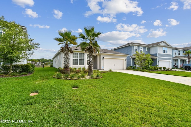 view of front facade featuring a garage, concrete driveway, and a front lawn
