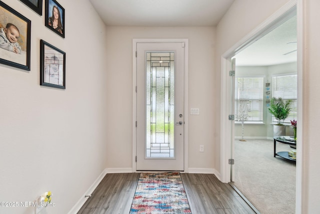 foyer entrance with baseboards and wood finished floors
