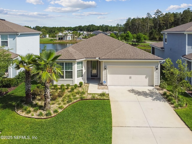 view of front of home with an attached garage, driveway, a water view, and a front yard