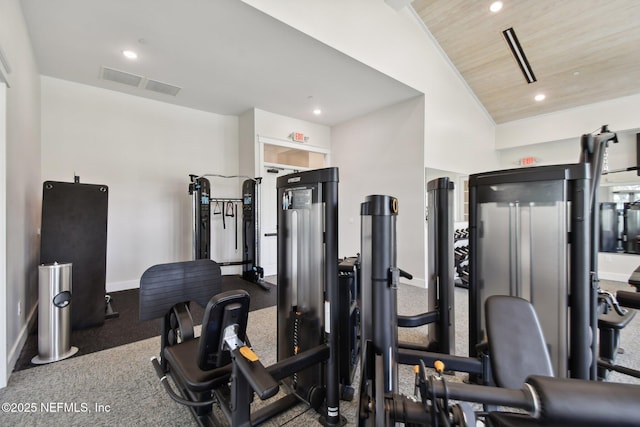 gym featuring high vaulted ceiling, recessed lighting, baseboards, and wood ceiling