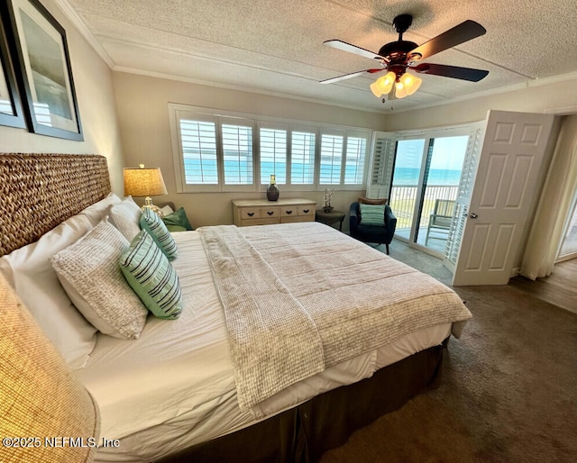3240 Fletcher Ave Unit 665, Fernandina Beach, FL 32034 - carpeted bedroom with access to exterior, ornamental molding, a textured ceiling, and ceiling fan