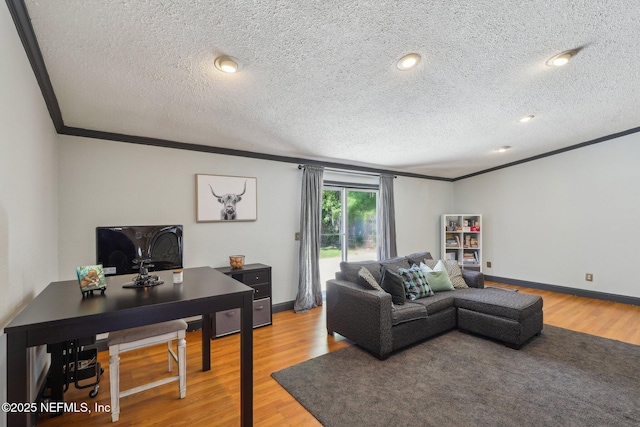 4033 Lazy Hollow Ln N, Jacksonville, FL 32257 - living room with crown molding, light wood-type flooring, a textured ceiling, baseboards, and a desk
