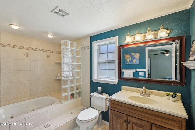 4033 Lazy Hollow Ln N, Jacksonville, FL 32257 - bathroom with a tub with jets, vanity, toilet, tiled shower, and a ceiling fan