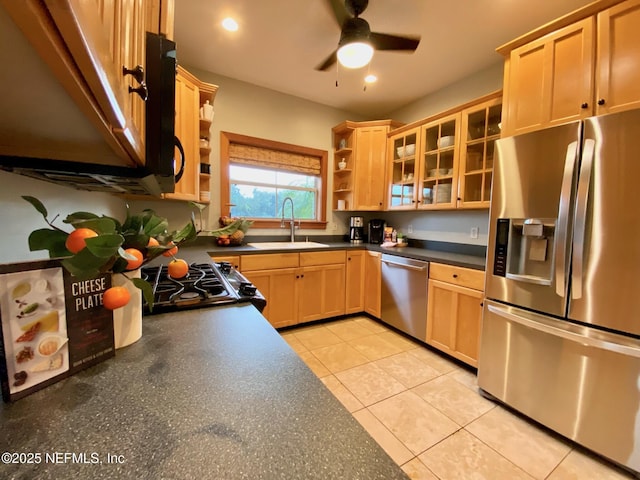 kitchen with appliances with stainless steel finishes, a sink, open shelves, dark countertops, and recessed lighting