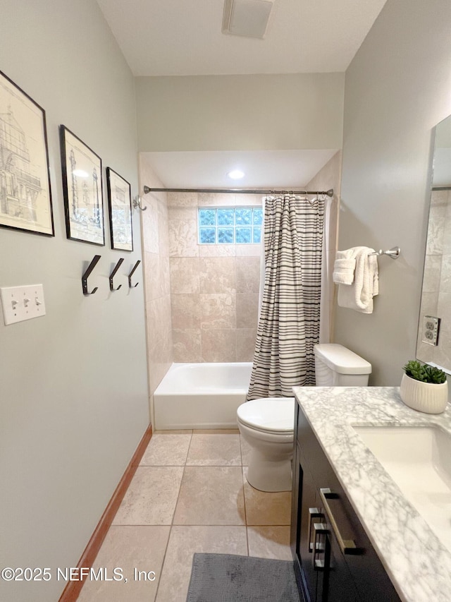 full bath featuring toilet, tile patterned flooring, vanity, shower / bath combination with curtain, and baseboards