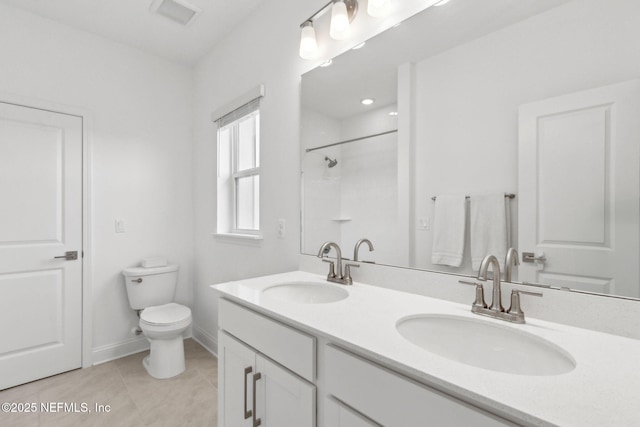 355 Caiden Dr, Ponte Vedra, FL 32081 - full bath featuring toilet, a shower, double vanity, tile patterned flooring, and baseboards