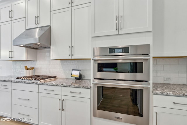 355 Caiden Dr, Ponte Vedra, FL 32081 - kitchen with appliances with stainless steel finishes, under cabinet range hood, tasteful backsplash, light stone countertops, and white cabinets