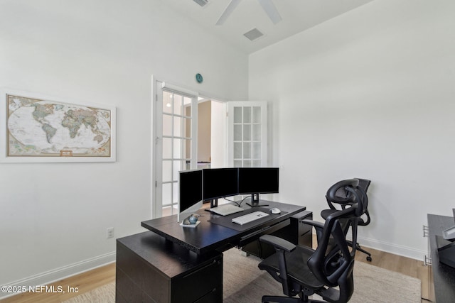 355 Caiden Dr, Ponte Vedra, FL 32081 - office space featuring wood finished floors, a ceiling fan, high vaulted ceiling, and baseboards