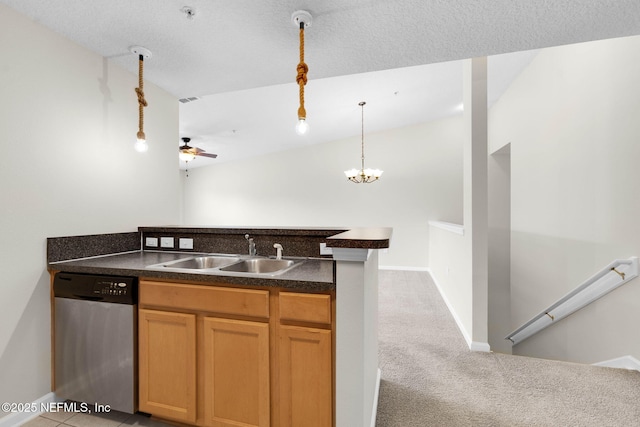 13856 Herons Landing Way Unit 11-7, Jacksonville, FL 32224 - kitchen featuring stainless steel dishwasher, a sink, ceiling fan, dark countertops, and decorative light fixtures