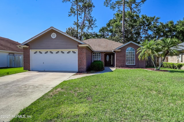 ranch-style home with an attached garage, brick siding, and concrete driveway