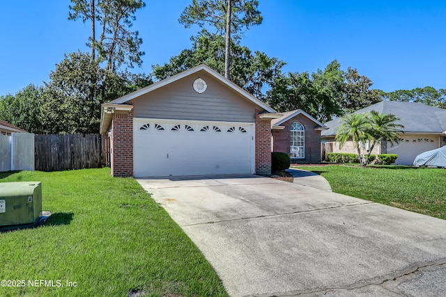 ranch-style house featuring an attached garage, driveway, and brick siding