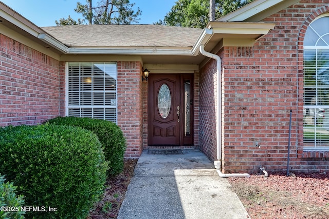 entrance to property with brick siding and roof with shingles
