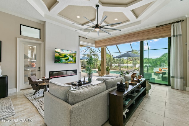 110 Heron Dr, Palm Coast, FL 32137 - living area with a sunroom, coffered ceiling, a ceiling fan, crown molding, and light tile patterned flooring