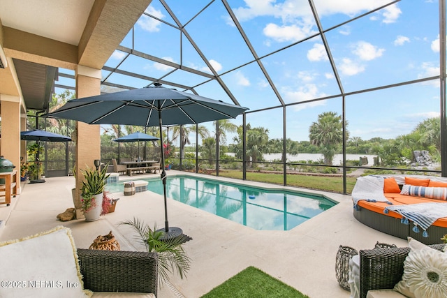 110 Heron Dr, Palm Coast, FL 32137 - outdoor pool with a patio area, a water view, and glass enclosure