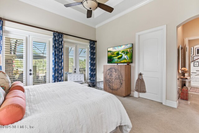 110 Heron Dr, Palm Coast, FL 32137 - carpeted bedroom featuring arched walkways, access to outside, crown molding, baseboards, and ceiling fan