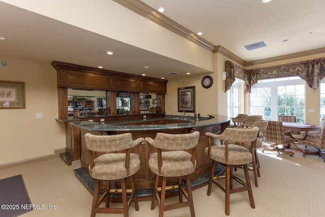 110 Heron Dr, Palm Coast, FL 32137 - indoor wet bar with light carpet, crown molding, recessed lighting, and baseboards