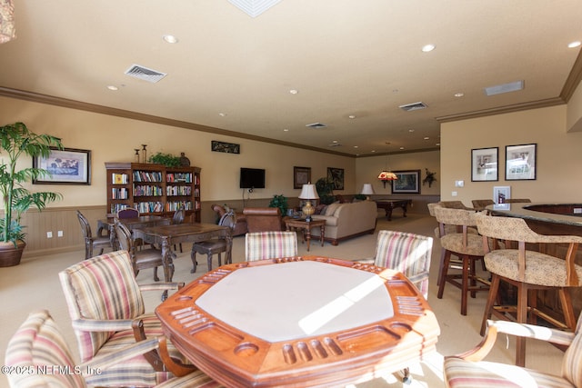 110 Heron Dr, Palm Coast, FL 32137 - living room featuring light carpet, recessed lighting, billiards, and crown molding