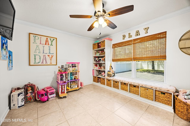 217 Willow Winds Pkwy, Saint Johns, FL 32259 - game room featuring crown molding, a ceiling fan, and tile patterned floors
