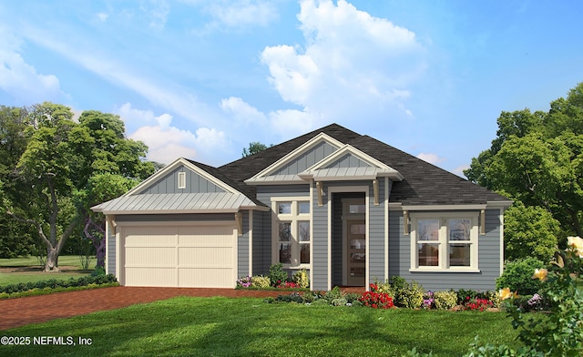 view of front facade featuring board and batten siding, a front yard, decorative driveway, a garage, and roof with shingles