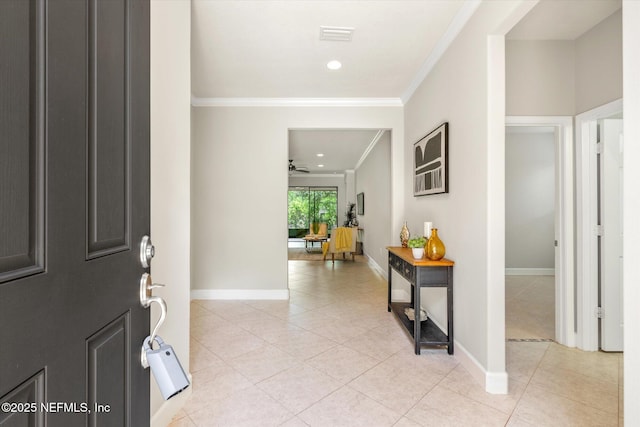 153 Hammocks Landing Dr, Ponte Vedra, FL 32081 - foyer entrance featuring ornamental molding, light tile patterned floors, baseboards, ceiling fan, and recessed lighting