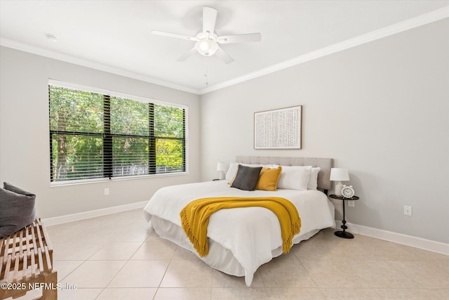 153 Hammocks Landing Dr, Ponte Vedra, FL 32081 - bedroom featuring crown molding, baseboards, light tile patterned floors, and a ceiling fan