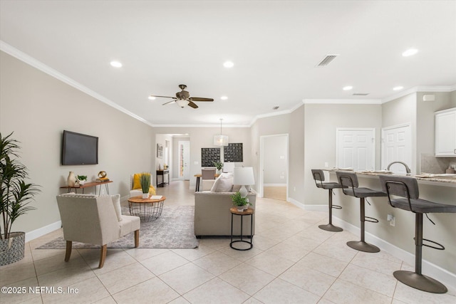 153 Hammocks Landing Dr, Ponte Vedra, FL 32081 - living area featuring recessed lighting, a ceiling fan, light tile patterned floors, ornamental molding, and baseboards