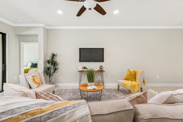 153 Hammocks Landing Dr, Ponte Vedra, FL 32081 - living area featuring ornamental molding, recessed lighting, ceiling fan, light tile patterned floors, and baseboards