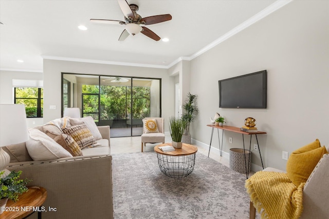 153 Hammocks Landing Dr, Ponte Vedra, FL 32081 - tiled living room featuring ceiling fan, crown molding, recessed lighting, and baseboards