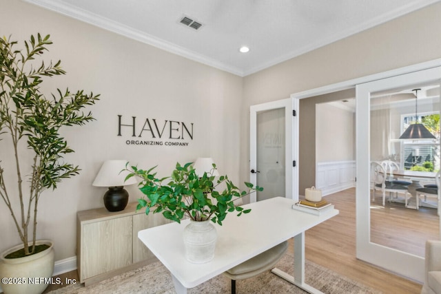 250 Ponder Cir, Yulee, FL 32097 - home office with ornamental molding, light wood-style floors, recessed lighting, and wainscoting