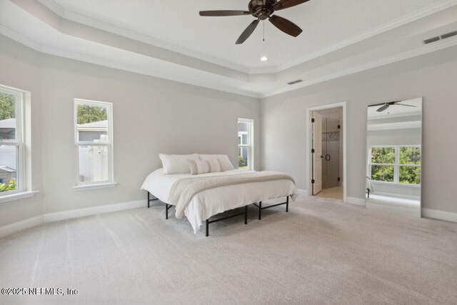 250 Ponder Cir, Yulee, FL 32097 - carpeted bedroom with a raised ceiling, baseboards, crown molding, and ceiling fan