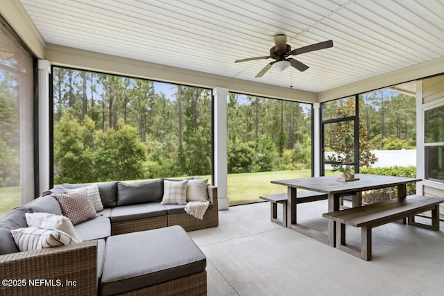 250 Ponder Cir, Yulee, FL 32097 - sunroom featuring an outdoor hangout area, a ceiling fan, outdoor dining area, and plenty of natural light