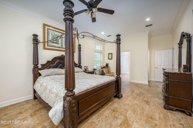 bedroom featuring ornamental molding, baseboards, light wood-style flooring, and recessed lighting