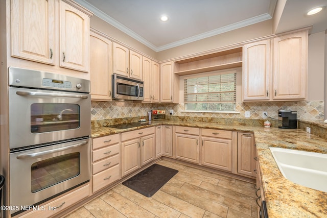 kitchen featuring light brown cabinets, stainless steel appliances, crown molding, light stone counters, and tasteful backsplash