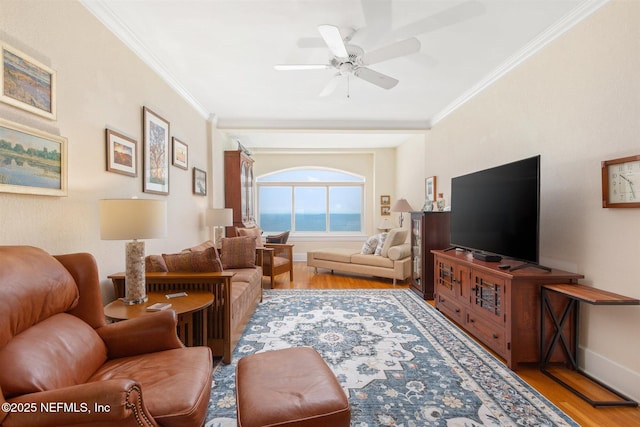 1846 Margaret St Unit 7C, Jacksonville, FL 32204 - living room featuring wood finished floors, ornamental molding, a ceiling fan, and baseboards