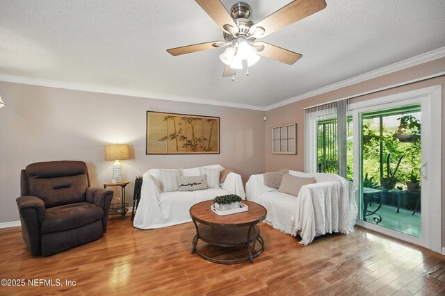 705 Marsh Cove Pl, Ponte Vedra Beach, FL 32082 - living room featuring crown molding, wood finished floors, ceiling fan, a textured ceiling, and baseboards
