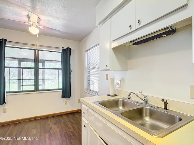 23063 SW Edgewater Blvd, Dunnellon, FL 34431 - kitchen featuring a sink, white cabinetry, baseboards, dark wood-style floors, and light countertops