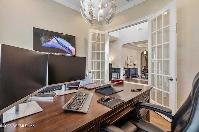 361 Amalurra Trl, Saint Johns, FL 32259 - office with ornamental molding, french doors, arched walkways, a chandelier, and wood finished floors