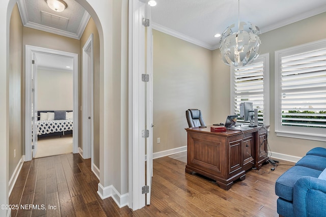 361 Amalurra Trl, Saint Johns, FL 32259 - office space featuring arched walkways, dark wood-type flooring, crown molding, a chandelier, and baseboards