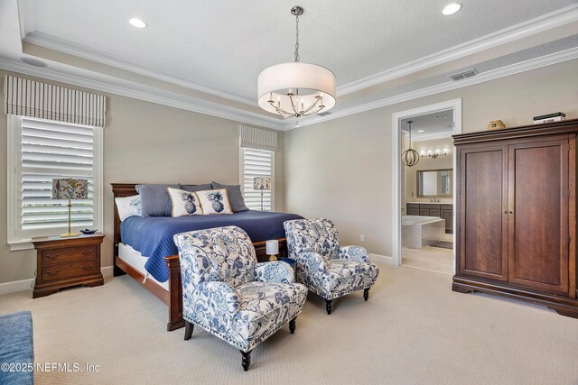 361 Amalurra Trl, Saint Johns, FL 32259 - bedroom featuring a chandelier, light colored carpet, crown molding, baseboards, and ensuite bathroom