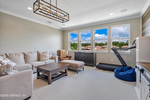 361 Amalurra Trl, Saint Johns, FL 32259 - living room with ornamental molding, light carpet, a textured ceiling, recessed lighting, and a chandelier